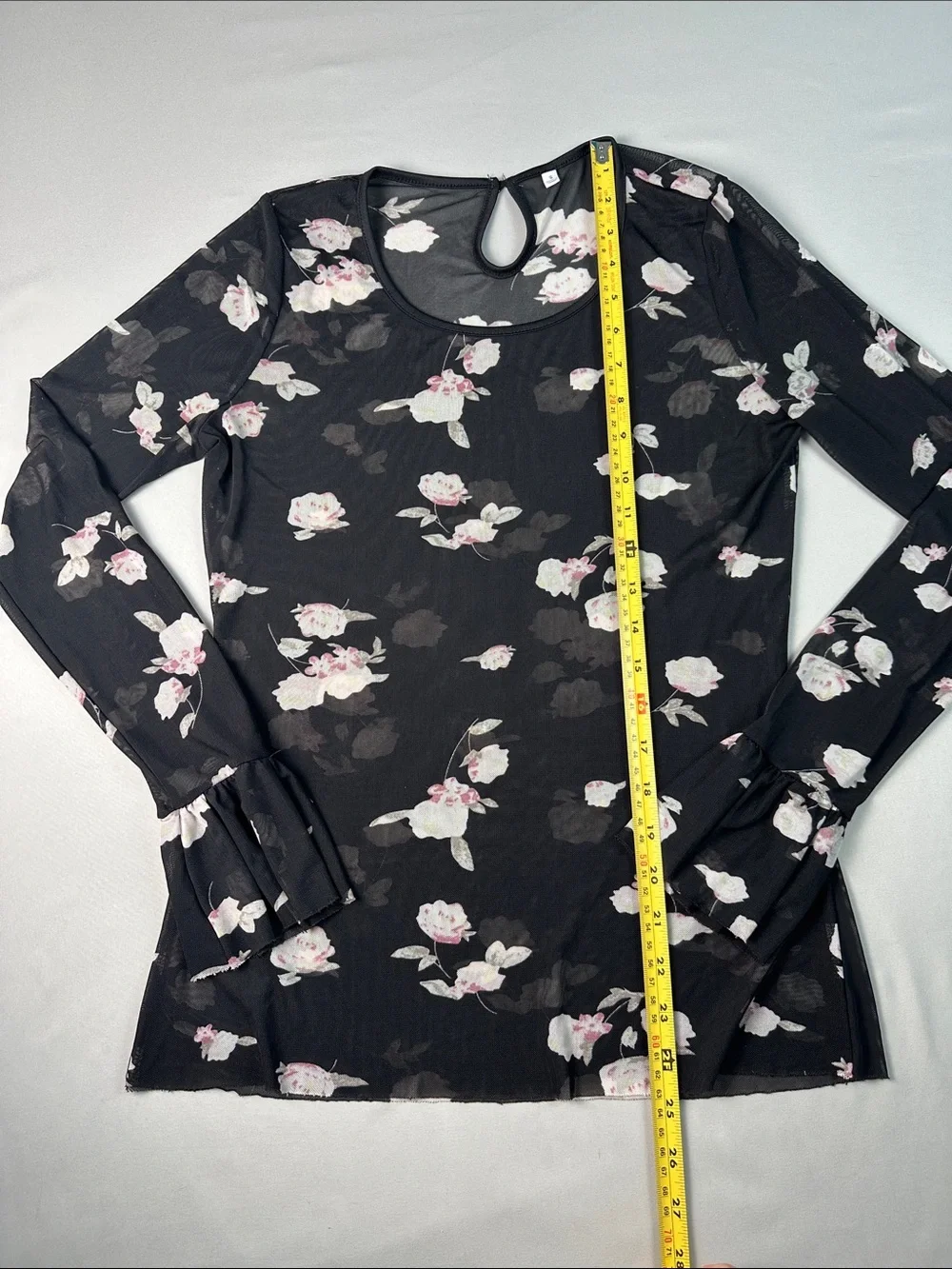Women’s Black Floral Sheer Long Sleeve Mesh Shirt Bell Sleeve